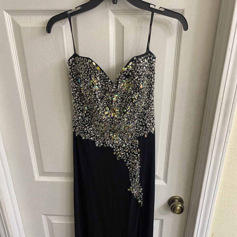 Crystal Doll Strapless Black Satin Rhinestone Gown – Size 3